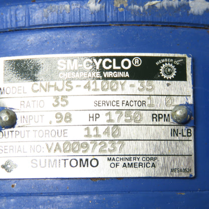 Sumitomo CNHJS-4100Y-35 35:1 Ratio .98Hp 1750RPM Inline Gear Reducer