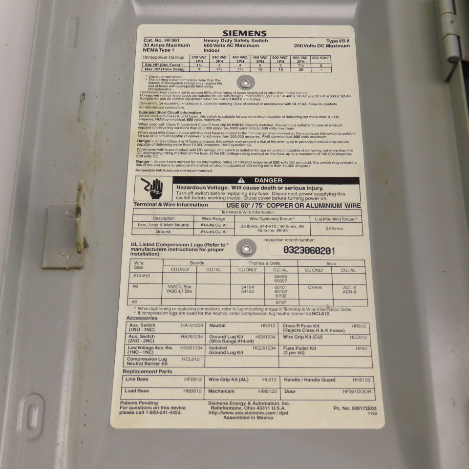 Siemens HF361 30A 3-Pole Heavy Duty Fusible Safety Disconnect Switch 600V