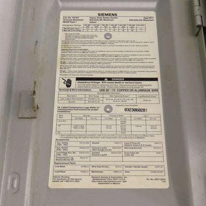 Siemens HF361 30A 3-Pole Heavy Duty Fusible Safety Disconnect Switch 600V