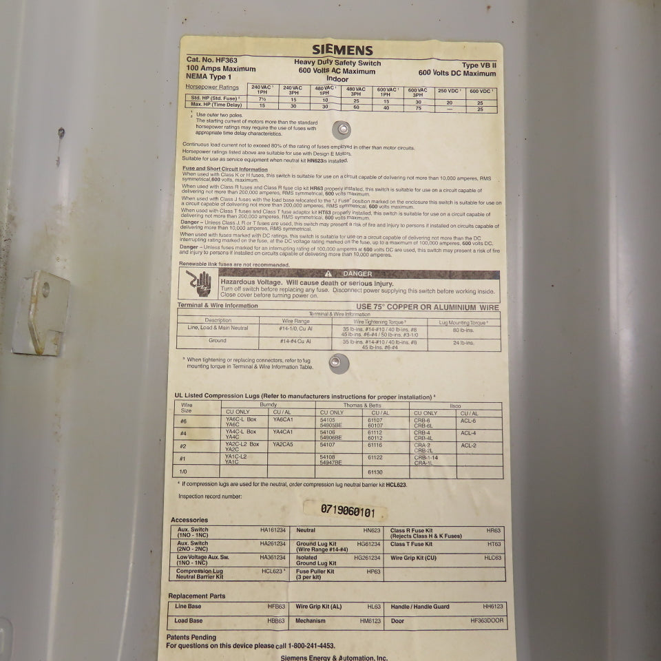 Siemens HF363 100A 3-Pole Heavy Duty Fusible Safety Disconnect Switch 600V
