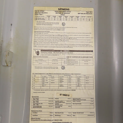 Siemens HF363 100A 3-Pole Heavy Duty Fusible Safety Disconnect Switch 600V