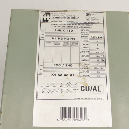 Hammond Q003LEAF 3KVA 1Ph Dry Type Transformer Pri 240x480V To Sec 120/240V 3R