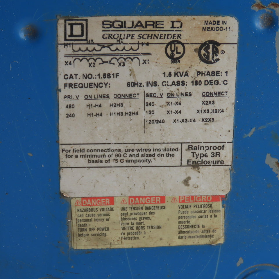 Square D 1.5S1F 1.5KVA 1Ph Dry Type Transformer Pri 240x480V Sec 120/240V 3R