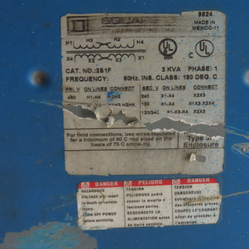 Square D 2S1F 2KVA 1Ph Transformer Pri 240x480V Sec 120/240V (Broken Bracket)