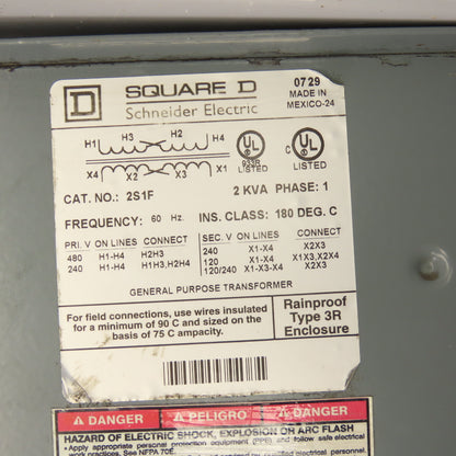 Square D 2S1F 2KVA 1Ph General Purpose Transformer Pri 240x480V Sec 120/240V 3R