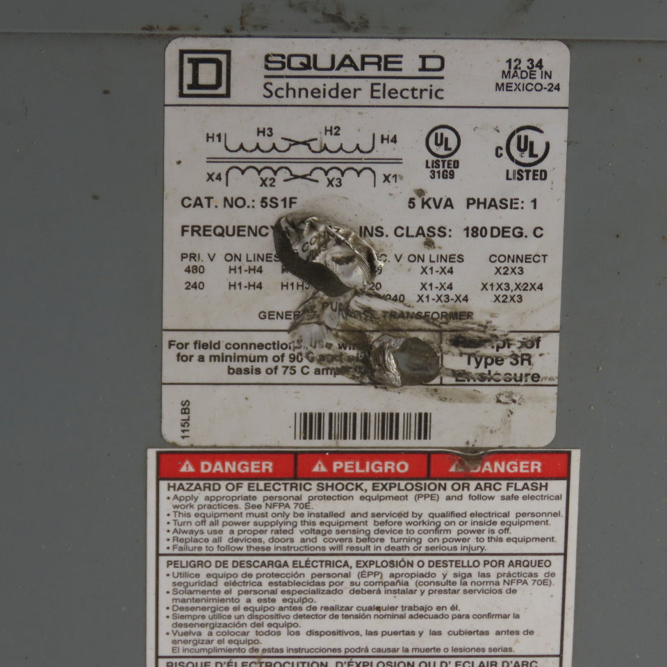 Square D 5S1F 5KVA 1Ph General Purpose Transformer Pri 240x480V Sec 120/240V 3R