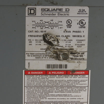 Square D 5S1F 5KVA 1Ph General Purpose Transformer Pri 240x480V Sec 120/240V 3R