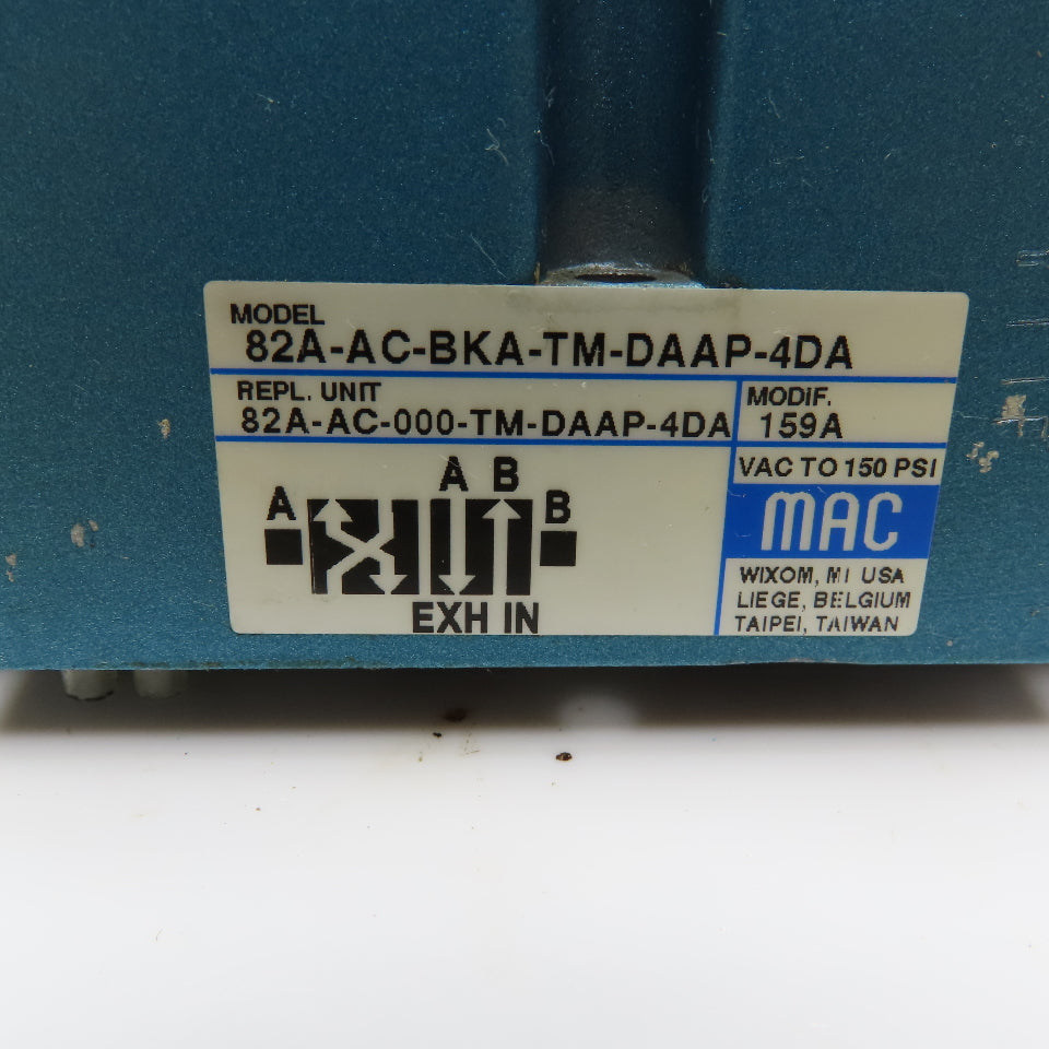 MAC 82A-AC-BKA-TM-DAAP-4DA 4/2 Position Pneumatic Valve 120V Coil 150PSI