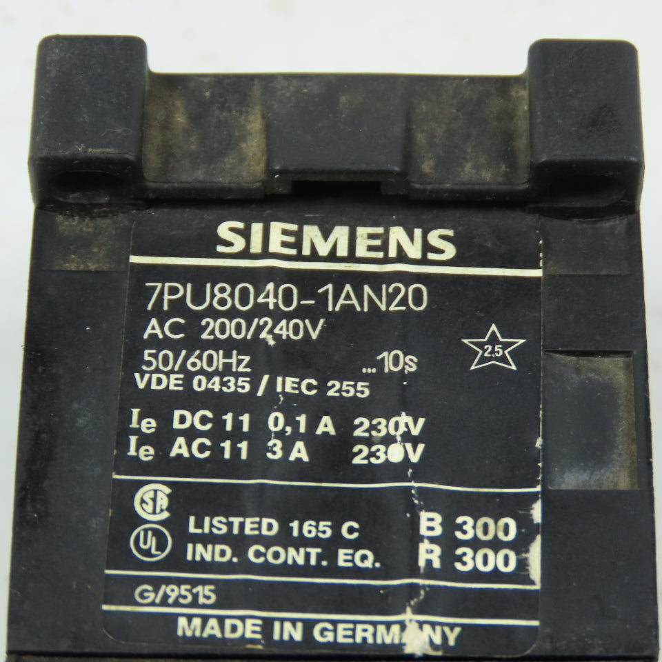 Siemens 7PU8040-1AN20 On-Delay Electronic Timing Relay 0.5-10s 200-240VAC