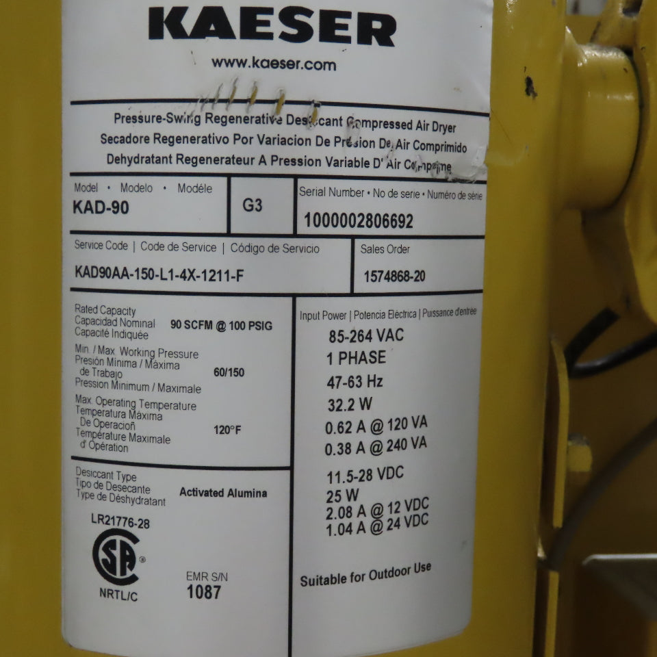 Kaeser KAD-90 Regenerative Desiccant Dryer 115V 1Ph 90SCFM @ 100PSI