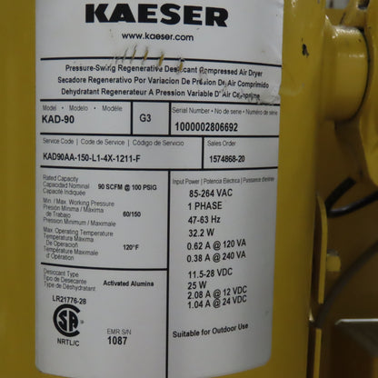 Kaeser KAD-90 Regenerative Desiccant Dryer 115V 1Ph 90SCFM @ 100PSI
