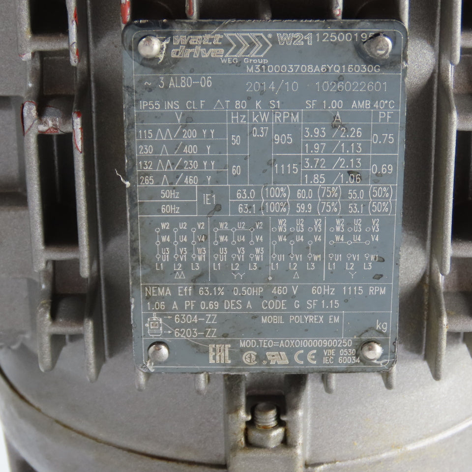 Watt HG 60A 3A 80-06E TH TF 0.5HP Inline Gear Motor 20RPM 173Nm 230/460V 3Ph
