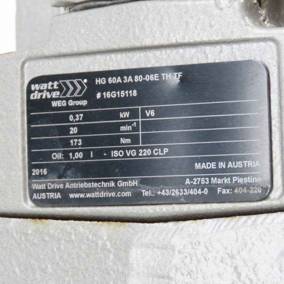 Watt HG 60A 3A 80-06E TH TF 0.5HP Inline Gear Motor 20RPM 173Nm 230/460V 3Ph