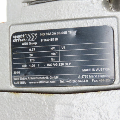 Watt HG 60A 3A 80-06E TH TF 0.5HP Inline Gear Motor 20RPM 173Nm 230/460V 3Ph