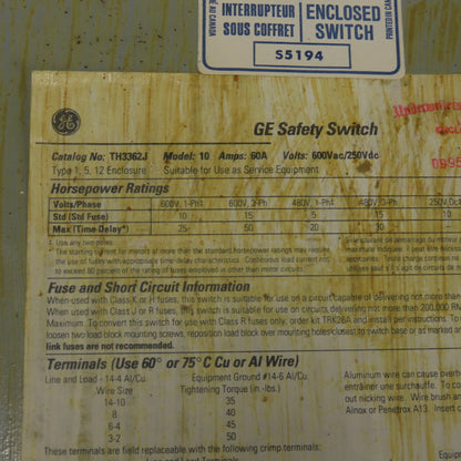 General Electric TH3362J 60A 3-Pole Non-Fusible Safety Disconnect Switch 600VAC