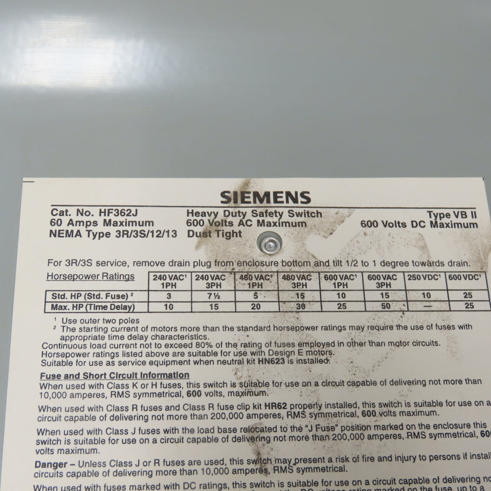 Siemens HF362J 60A 3-Pole Fusible Heavy Duty Safety Disconnect Switch 600VAC