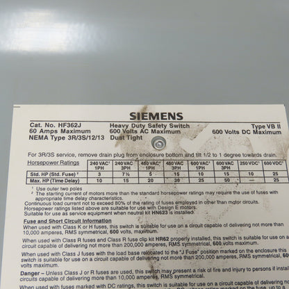 Siemens HF362J 60A 3-Pole Fusible Heavy Duty Safety Disconnect Switch 600VAC