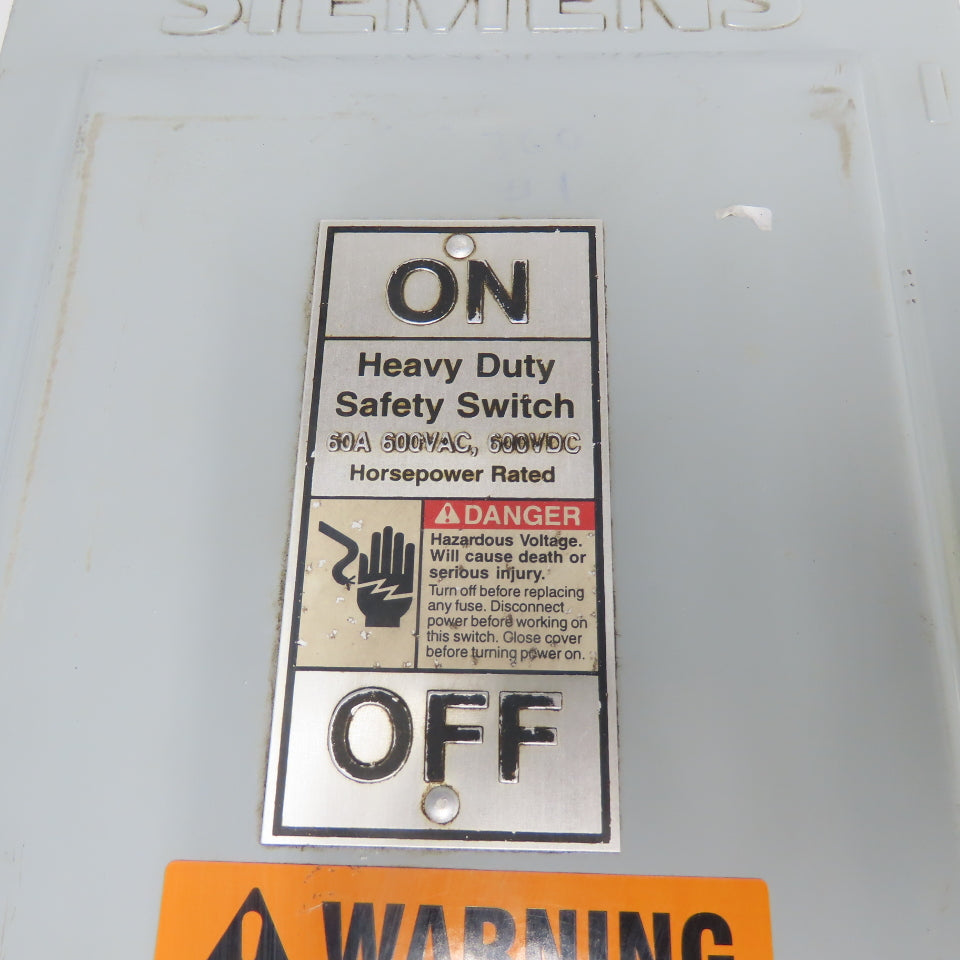 Siemens HF362J 60A 3-Pole Fusible Heavy Duty Safety Disconnect Switch 600VAC