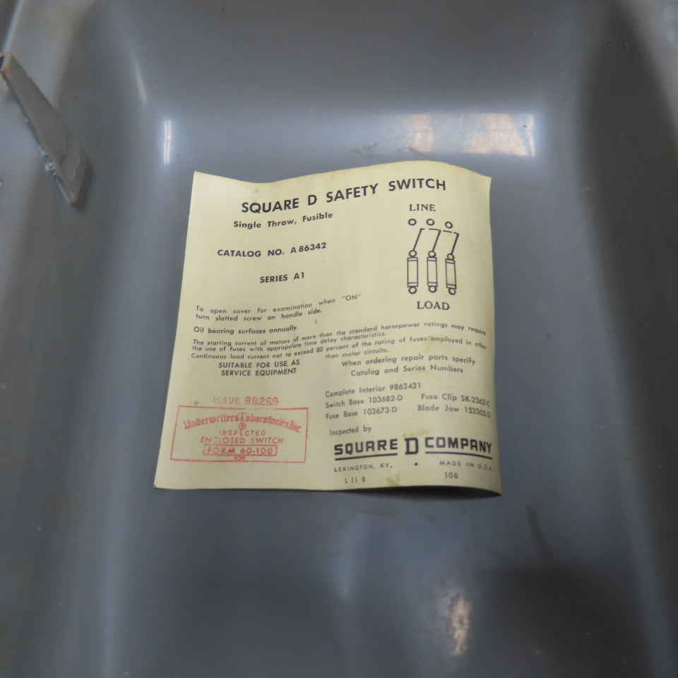 Square D A86342 60A 3-Pole Fusible Safety Disconnect Switch 600VAC