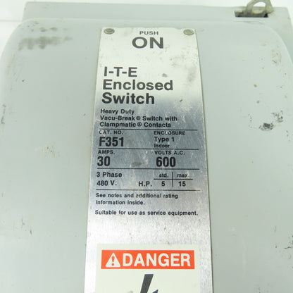 Siemens F351 30A 3-Pole 3Ph Fusible Safety Disconnect Switch 600VAC