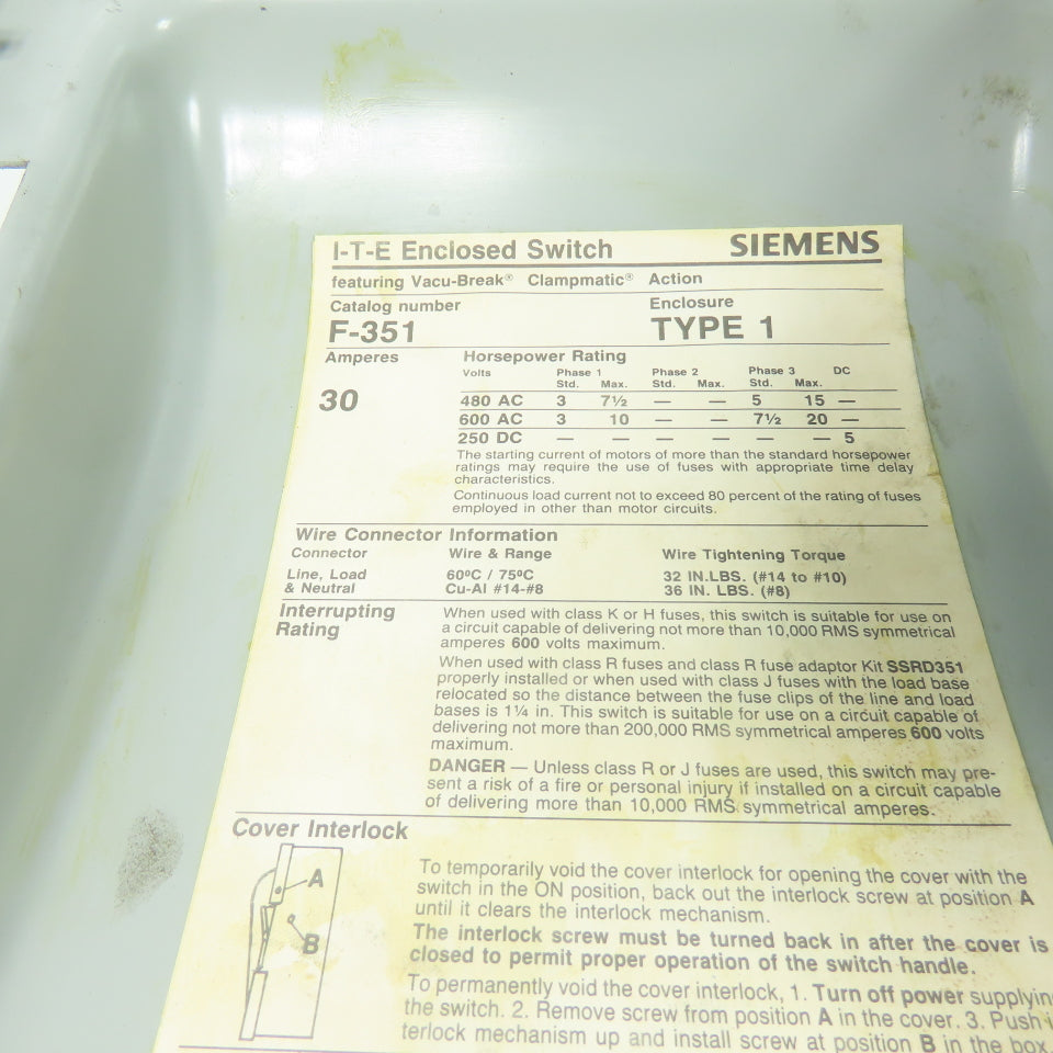 Siemens F351 30A 3-Pole 3Ph Fusible Safety Disconnect Switch 600VAC