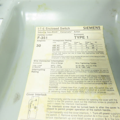 Siemens F351 30A 3-Pole 3Ph Fusible Safety Disconnect Switch 600VAC