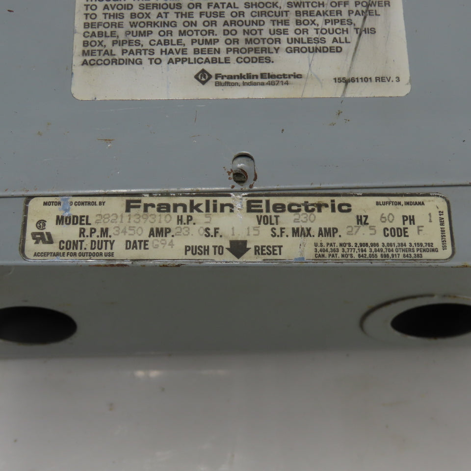 Franklin Electric 2821139310 5HP 230V 60Hz 1Ph Deluxe Motor Control Box 27.5 Max