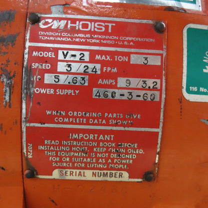 CM V2 3 Ton 2 Speed Electric Chain Hoist 3/24FPM 460V 20' Lift W/ Power Trolley