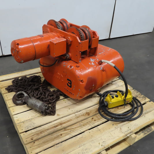 CM V2 3 Ton 2 Speed Electric Chain Hoist 3/24FPM 460V 20' Lift W/ Power Trolley