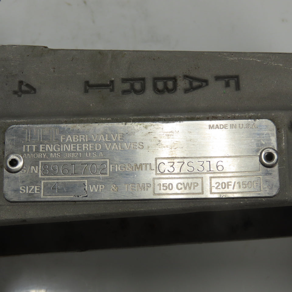 ITT Fabri-Valve C37S316 4" Stainless Steel Knife Gate Valve 150 CWP