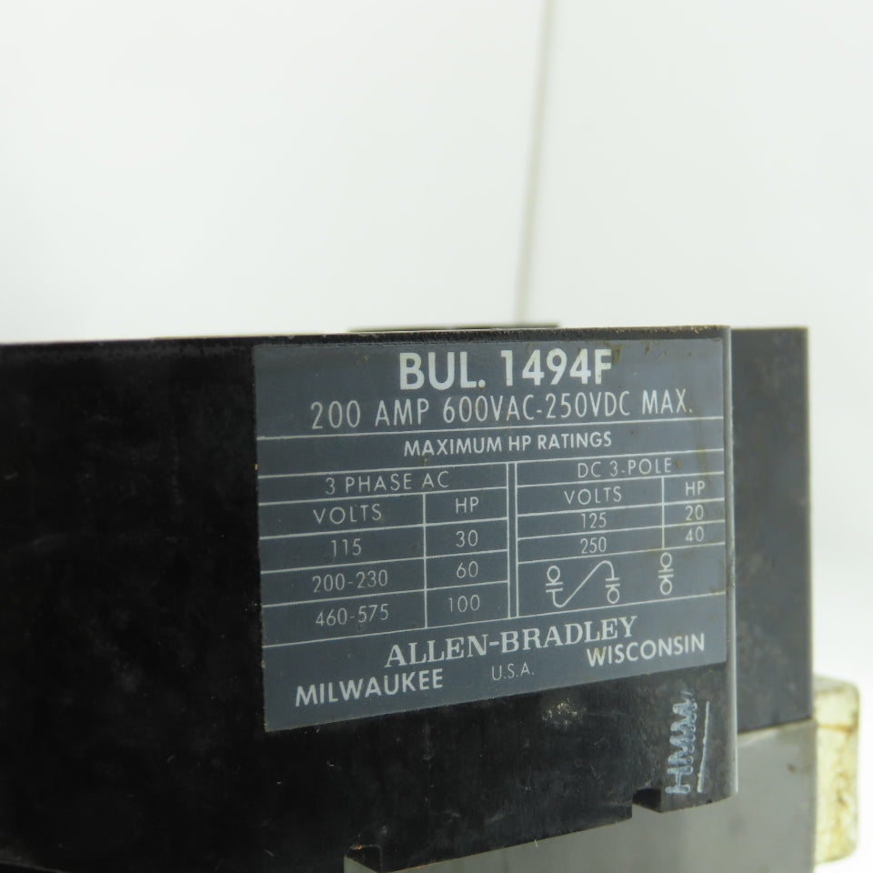 Allen-Bradley 1494F-N200 200A 600VAC 3-Pole Disconnect Switch
