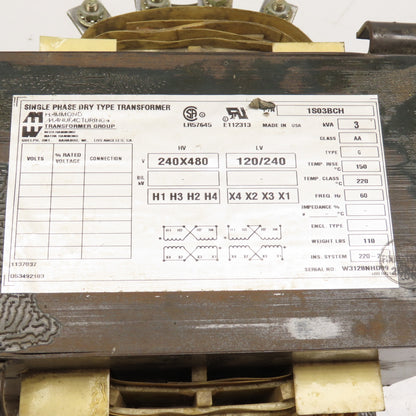Hammond 1S03BCH 3kVA 1Ph Dry Type Transformer Pri 240/480V Sec 120/240V Tested