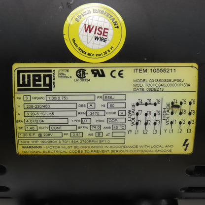 WEG 00136OS3EJP56J 1HP AC Electric Motor 208-230/460V 3Ph 3470RPM E56J Frame