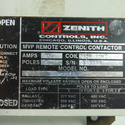 Zenith MVP72CI0 75A 2-Pole Remote Control Contactor 600VAC