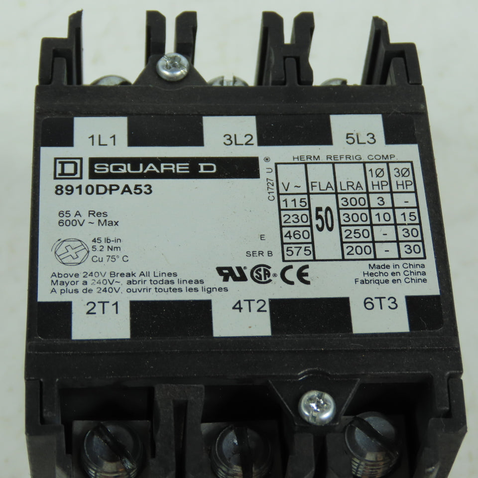 Square D 8910DPA53 65A 3-Pole Definite Purpose Contactor 24V 600V