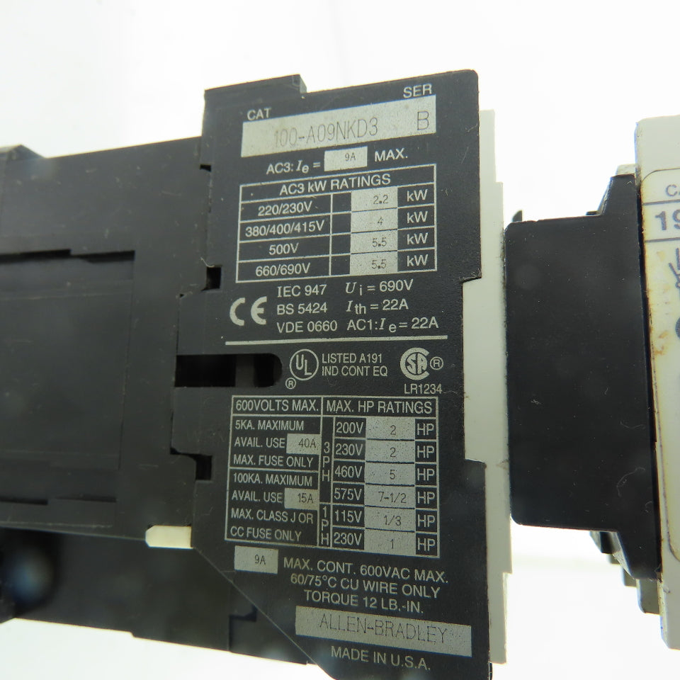 Allen-Bradley 100-A09NKD3 9A 3-Pole Non-Reversing Contactor 24V Coil W/ 195-FA31