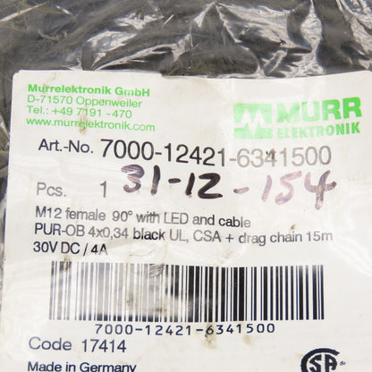 Murr 7000-12421-6341500 M12 Female LED Terminated Flying Lead Cable 15m
