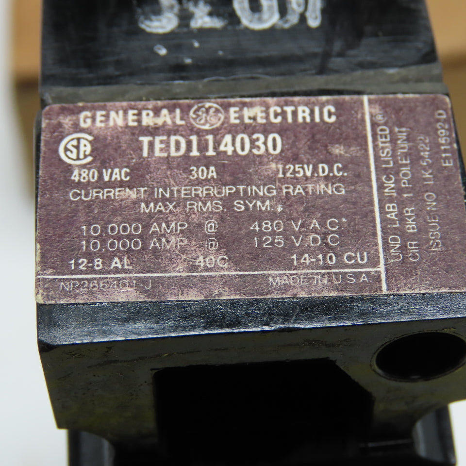 General Electric TED114030 30A 460VAC 125VDC 1 Pole Circuit Breaker