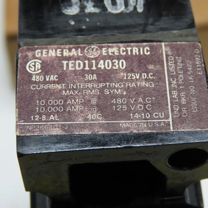 General Electric TED114030 30A 460VAC 125VDC 1 Pole Circuit Breaker