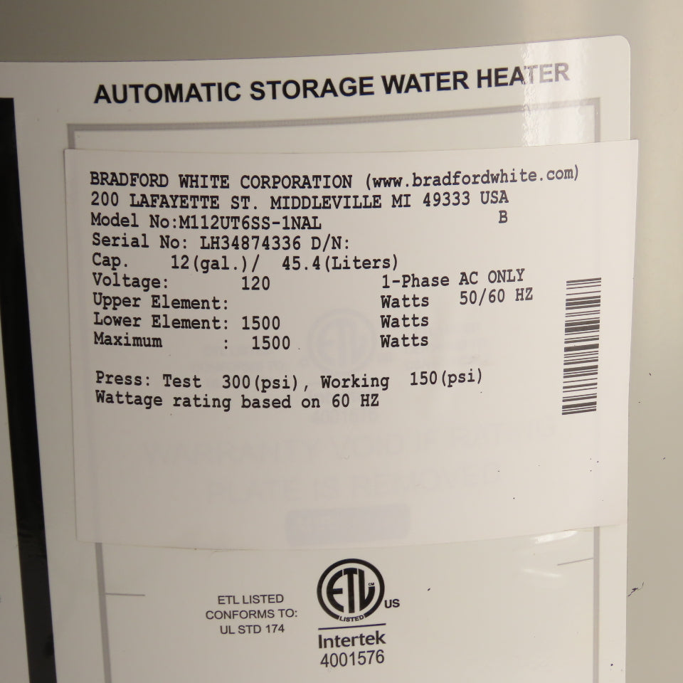 Bradford White M112UT6SS-1NAL 12 Gallon Electric Water Heater Utility 120V 1500W