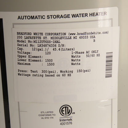 Bradford White M112UT6SS-1NAL 12 Gallon Electric Water Heater Utility 120V 1500W