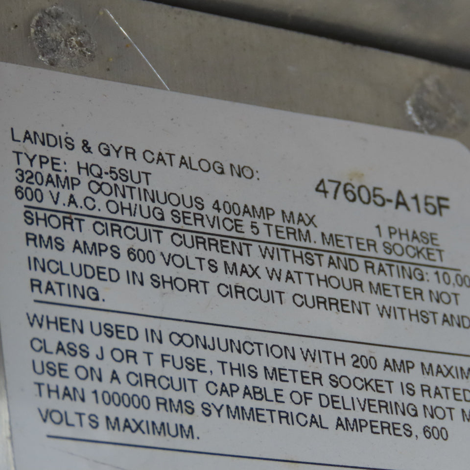 Landis & Gyr HQ-5SUT 320A 5 Terminal Single Phase 1Ph 3 Wire Grounded Meter Base