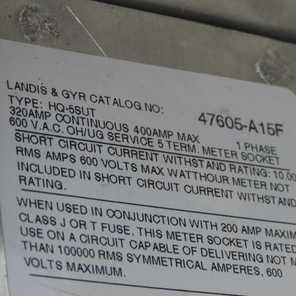Landis & Gyr HQ-5SUT 320A 5 Terminal Single Phase 1Ph 3 Wire Grounded Meter Base