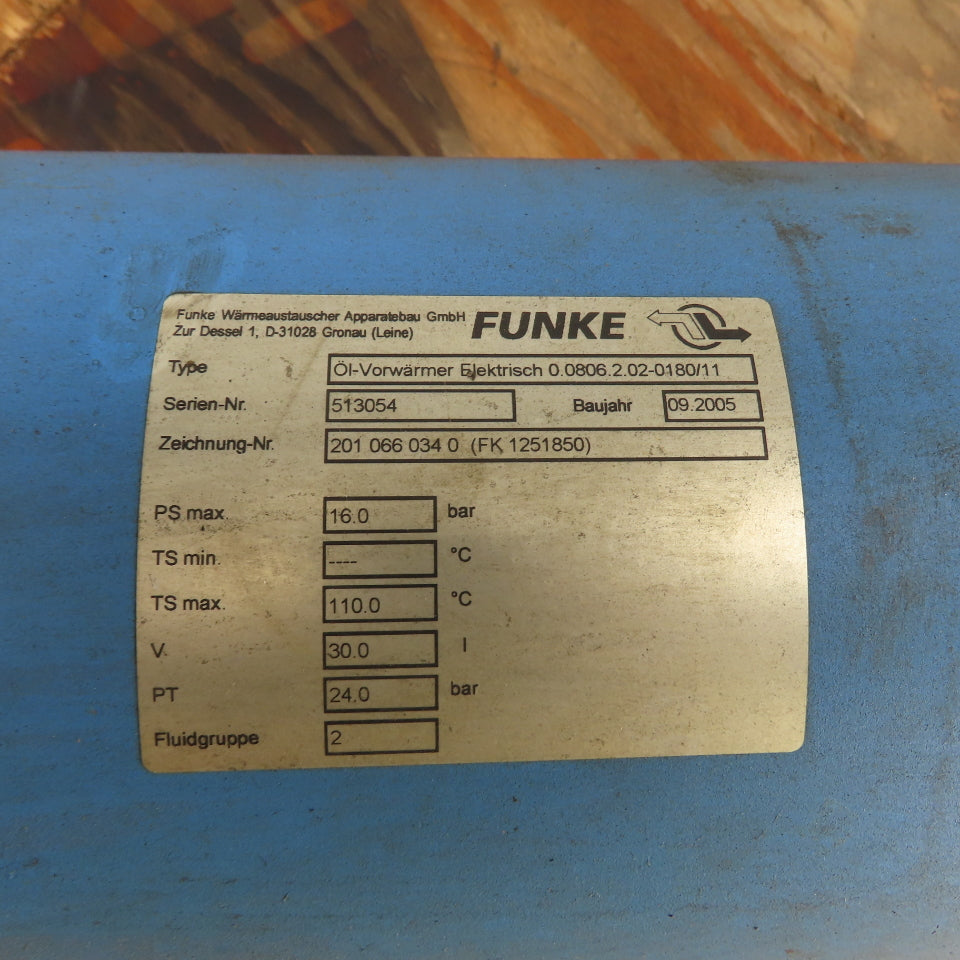 Funke 0.0806.2.02-0180/11 Electric Oil Pre-Heater 18kW 500V 16 Bar 30 Liter