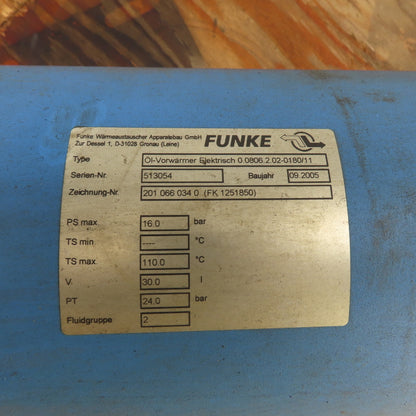 Funke 0.0806.2.02-0180/11 Electric Oil Pre-Heater 18kW 500V 16 Bar 30 Liter