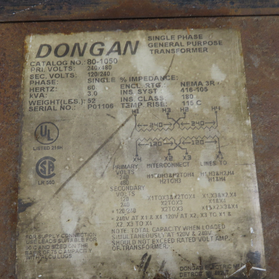 Dongan 80-1050 240x480V Pri 3.0kVa 120V Sec. Transformer 3R Enclosure Tested