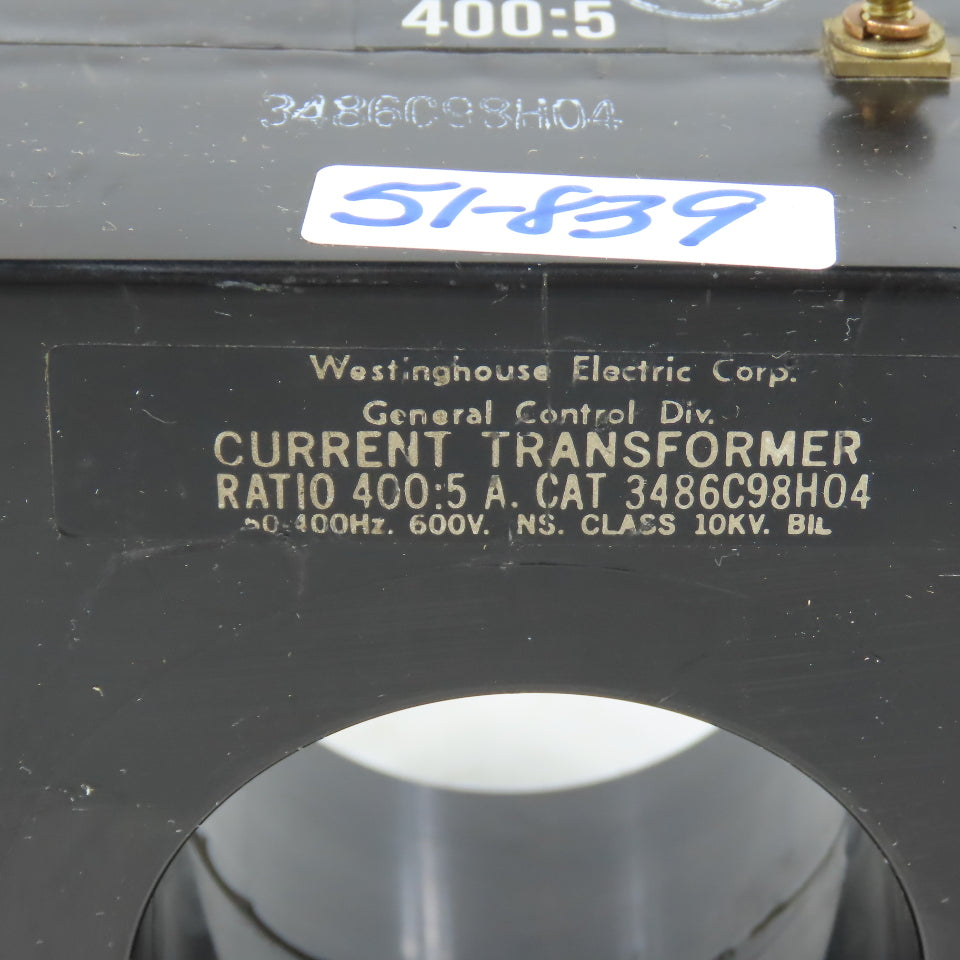 Westinghouse 3486C98H04 Current Transformer 400:5 Ratio 600V 50-400Hz