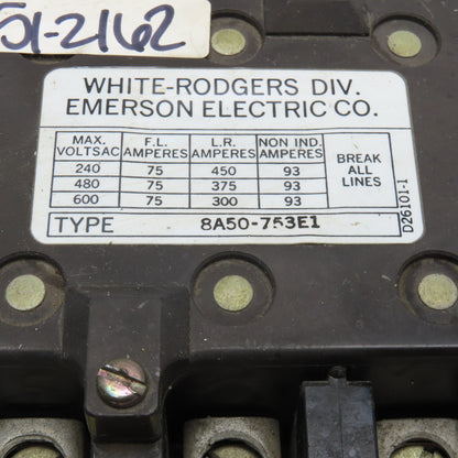White Rodgers 8A50-753E1 600V 75FLA Max Contactor 24V AC 50/60Hz Coil