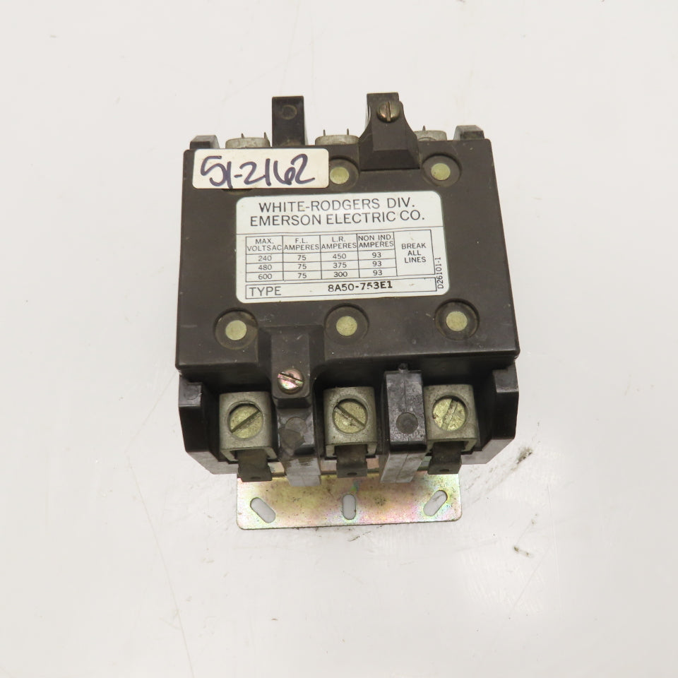 White Rodgers 8A50-753E1 600V 75FLA Max Contactor 24V AC 50/60Hz Coil
