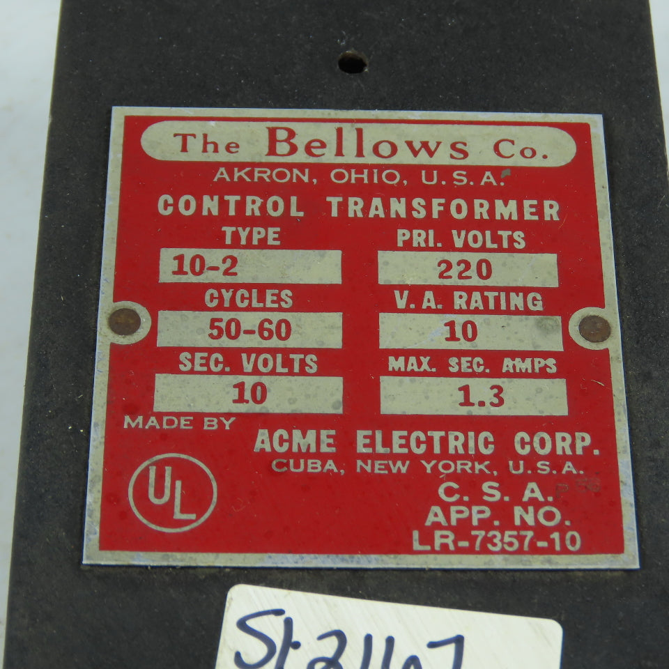 The Bellows Co. Acme 10-2 Control Transformer 220V to 10V 10VA